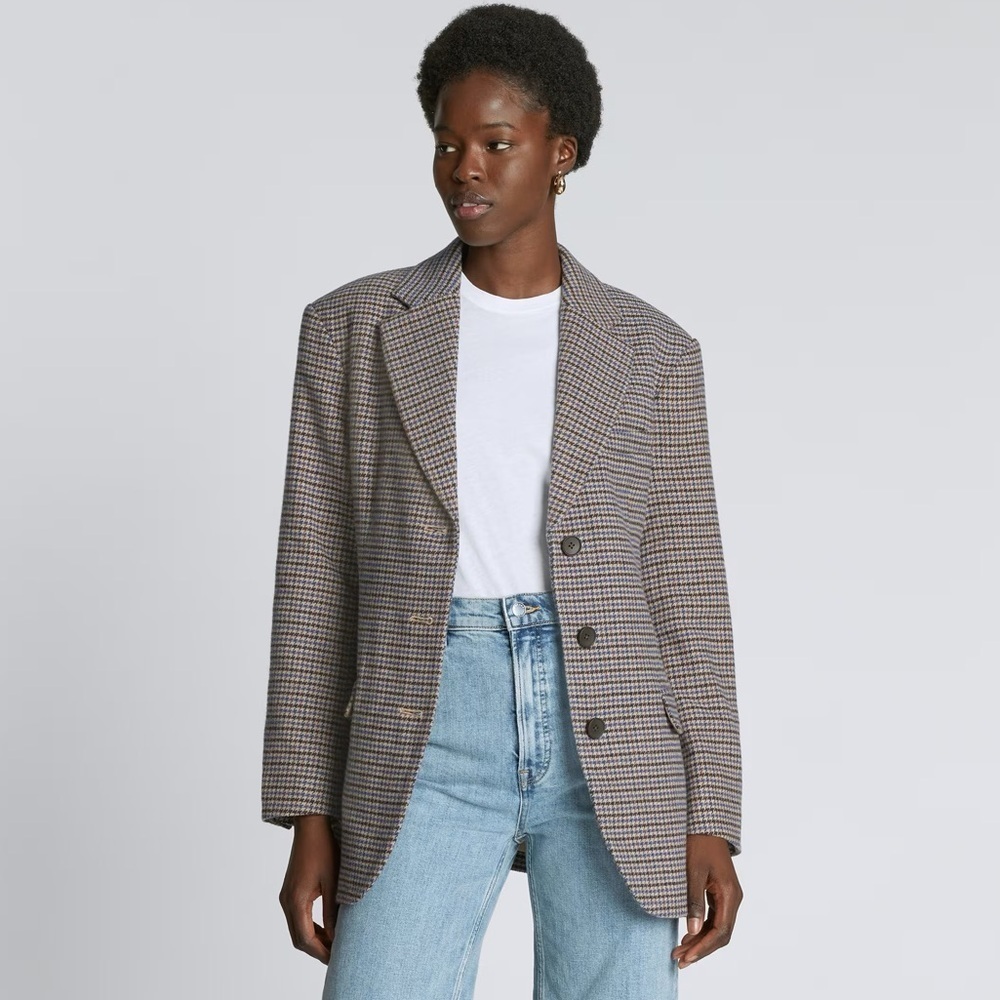 Everlane 80s Oversized Blazer Wool Houndstooth Brown Blue Size 2 NWOT - Picture 3 of 12